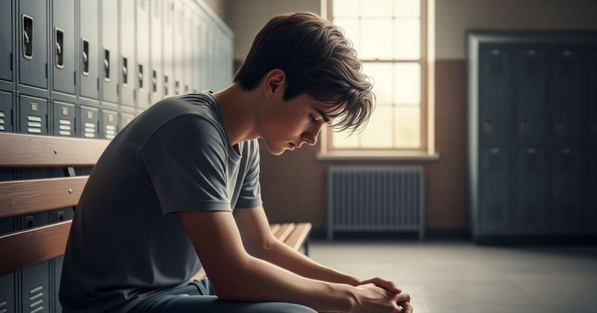 Adolescente seduto da solo su una panchina in una scuola, simbolo di bullismo verbale e isolamento sociale.